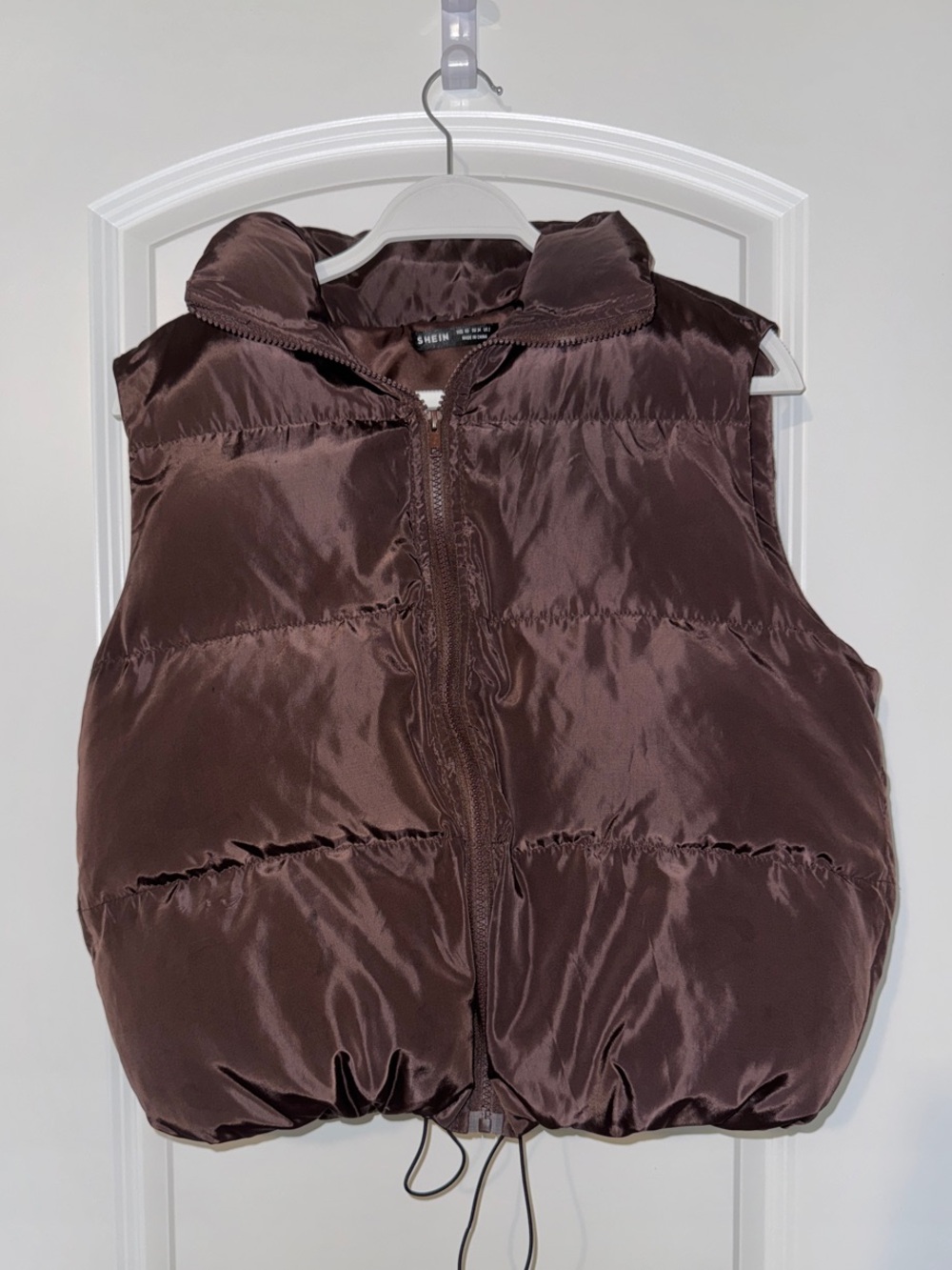 SHEIN Satin-Look Puffer Vest in Deep Brown